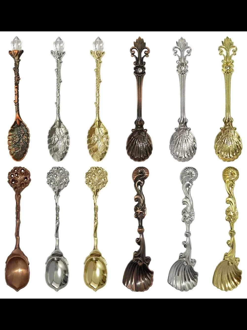 Grace Ornate Serving Spoons in Gold, Silver, and Copper Tones